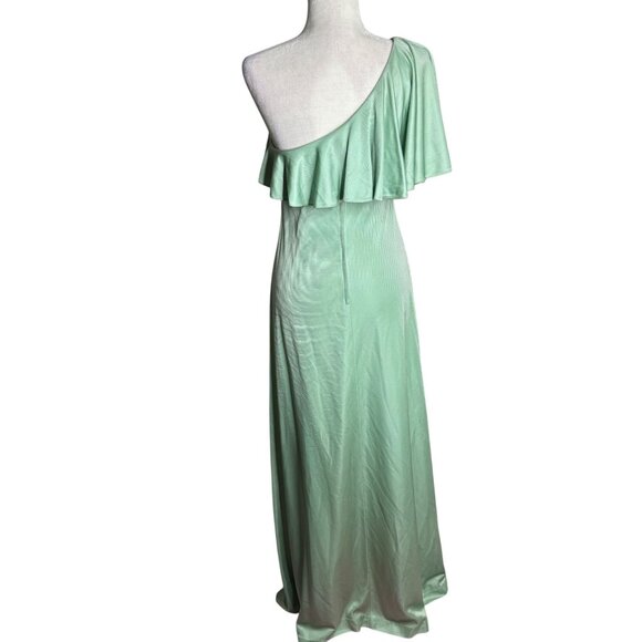Vintage 70s One Shoulder Mint Green Maxi Dress Small Ruffle Overlay Zipper - Picture 3 of 12
